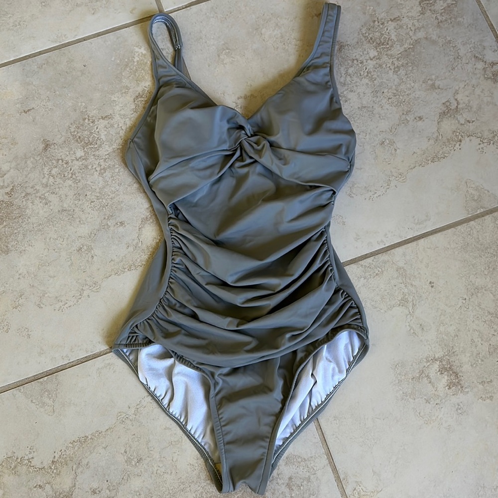 NWT Penbrooke Grey Twist Front Ruched Tummy Control One Piece